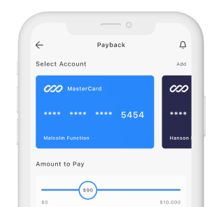 Screenshot einer mobilen Zahlungs-App, die die Auswahl eines Kontos zeigt, einschließlich einer MasterCard mit teilweise verdeckter Kartennummer und den Namen "Malcolm Function" sowie einem Schieberegler zur Eingabe des zu zahlenden Betrags von 90 US-Dollar.
