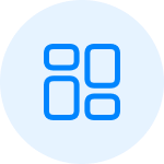 Blauer runder Hintergrund mit stilisiertem weißem Symbol, das für Technologie oder Software steht.