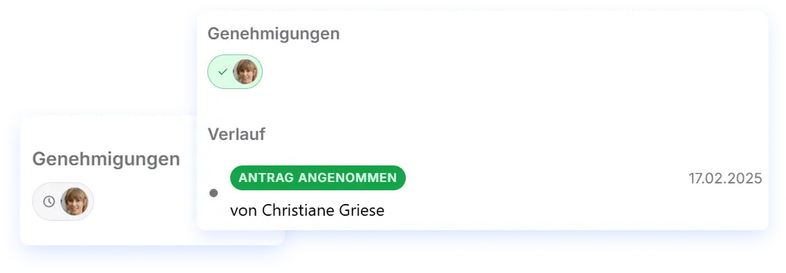 Bildschirmfoto eines Genehmigungsbereichs in einer App, der den Verlauf und einen angenommenen Antrag von Christiane Griese am 17.02.2025 zeigt.