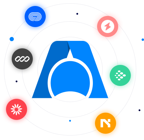 Grafik mit einem zentralen blauen Zelt-Symbol, umgeben von sechs bunten Icons, die verschiedene Technologien oder Dienstleistungen repräsentieren. Die Icons sind in einem kreisförmigen Layout angeordnet und verdeutlichen eine vernetzte digitale Plattform oder Lösung.