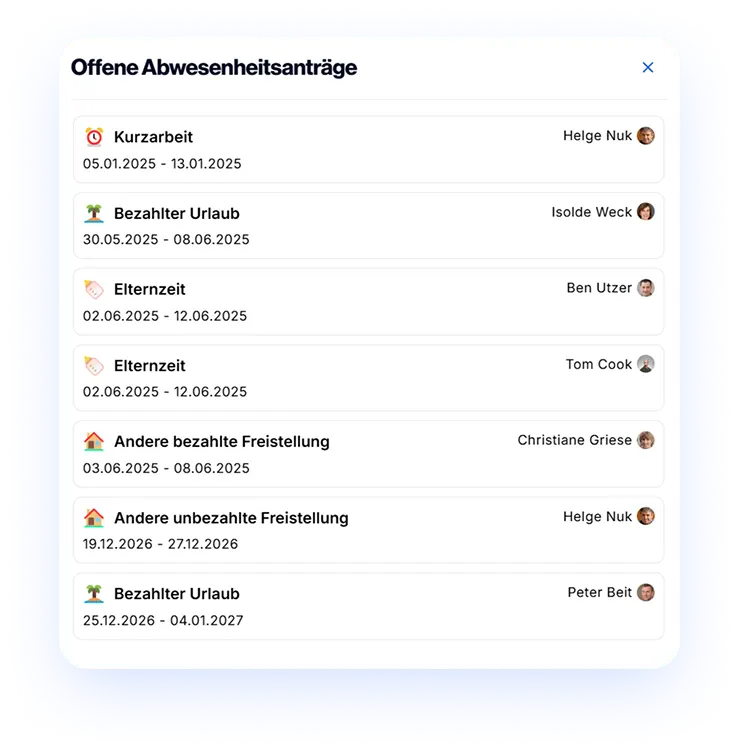 Offene Abwesenheitsanträge in einer Übersicht, einschließlich Kurzarbeit, bezahltem Urlaub und Elternzeit, mit Angaben zu den Zeiträumen und Personen, die die Anträge gestellt haben.