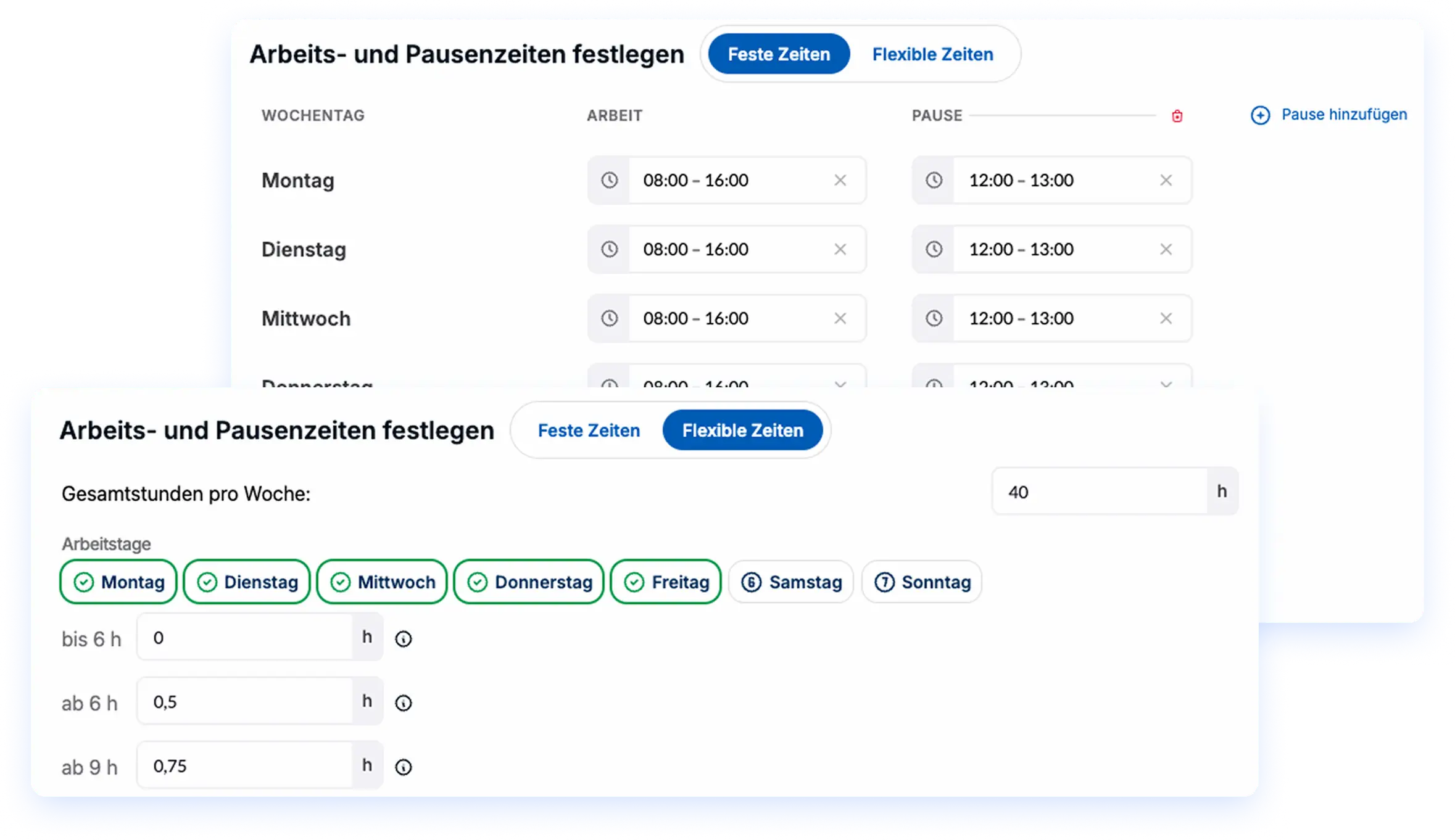 Screenshot einer Benutzeroberfläche zur Festlegung von Arbeits- und Pausenzeiten mit Auswahlmöglichkeiten für Wochentage, Arbeitsstunden und Pausen. Es zeigt feste und flexible Zeitoptionen sowie die Gesamtstunden pro Woche.