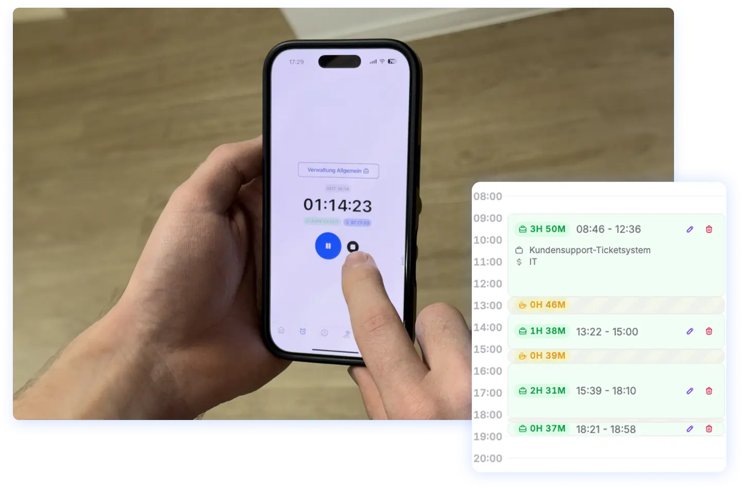 Bild eines Smartphones, das einen Timer mit einer verbleibenden Zeit von 1 Stunde und 14 Minuten anzeigt. Eine Person tippt auf dem Bildschirm, während auf der rechten Seite eine Liste von Zeitstempeln und Aufgaben angezeigt wird, die den Fortschritt des Arbeitstags verfolgen.