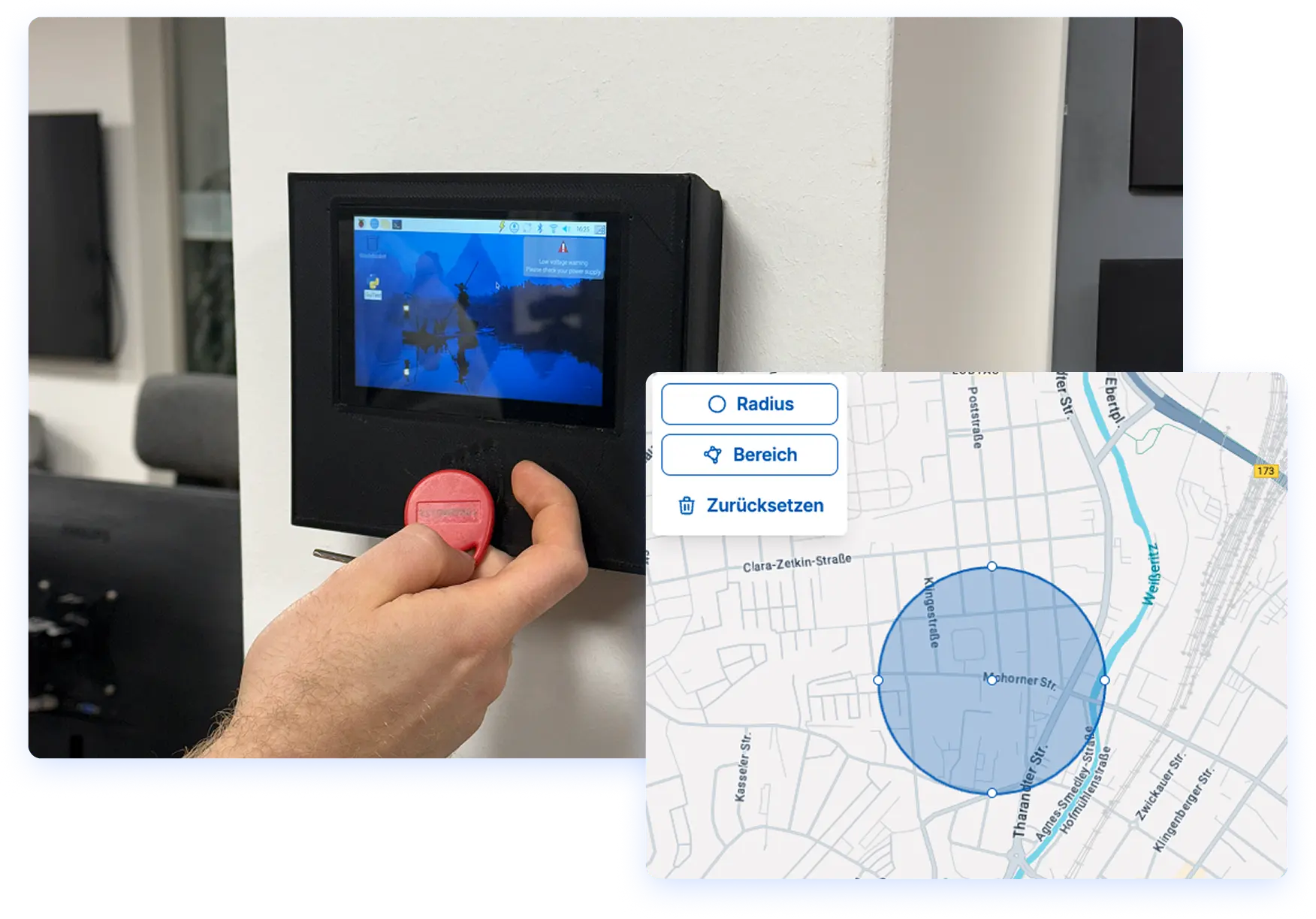Hand, die einen roten Schlüssel an einem Touchscreen-Gerät hält, das eine Benutzeroberfläche für Standortdaten anzeigt. Neben dem Bildschirm ist eine digitale Karte mit einem definierten Aktionsradius sichtbar.