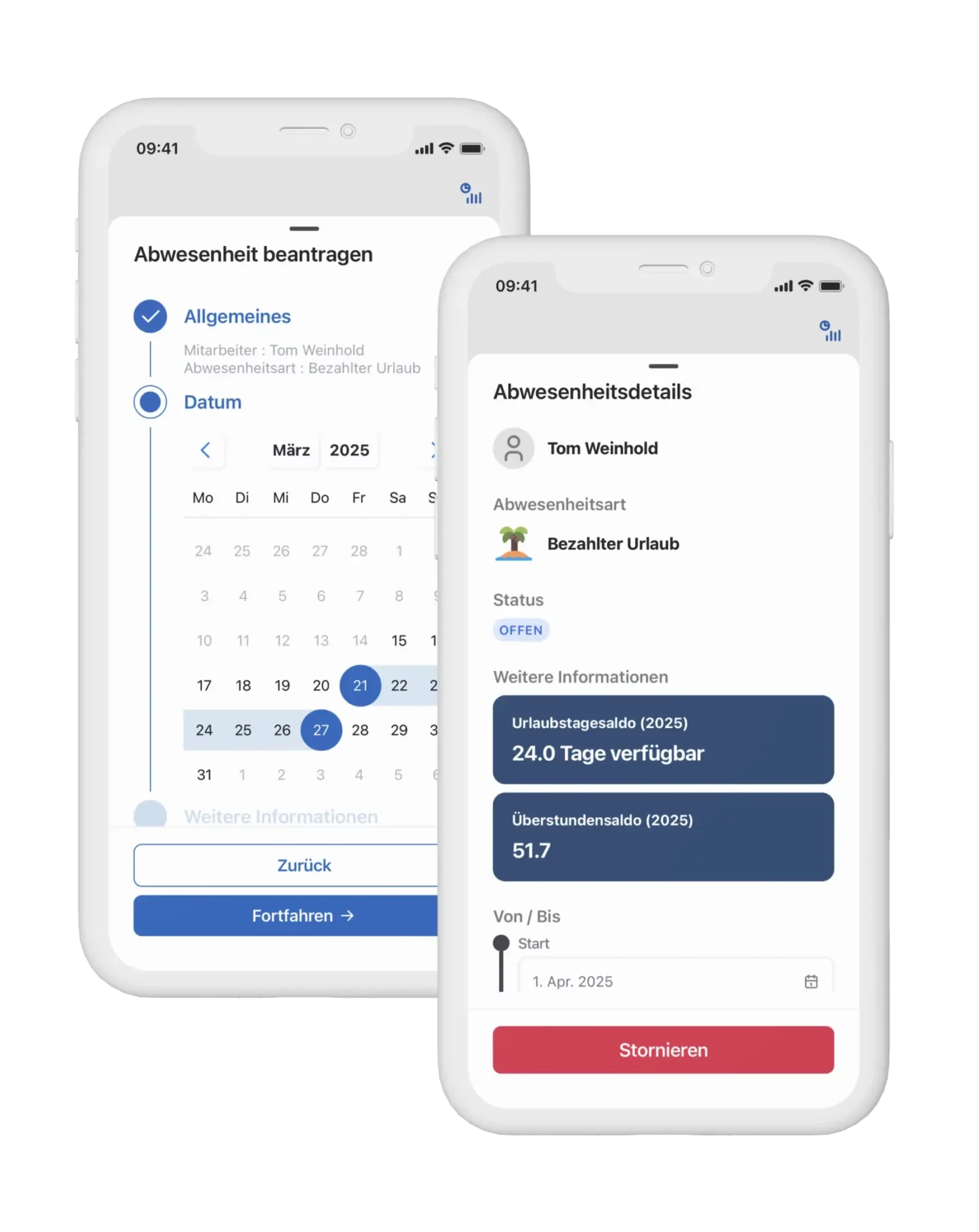 Alt-Text: Zwei mobile Screenshots einer App zur Beantragung von Abwesenheiten, die den Mitarbeiter Tom Weinhold und Details zu seinem bezahlten Urlaub im März 2025 anzeigen, einschließlich Urlaubstagessaldo und Überstunden.