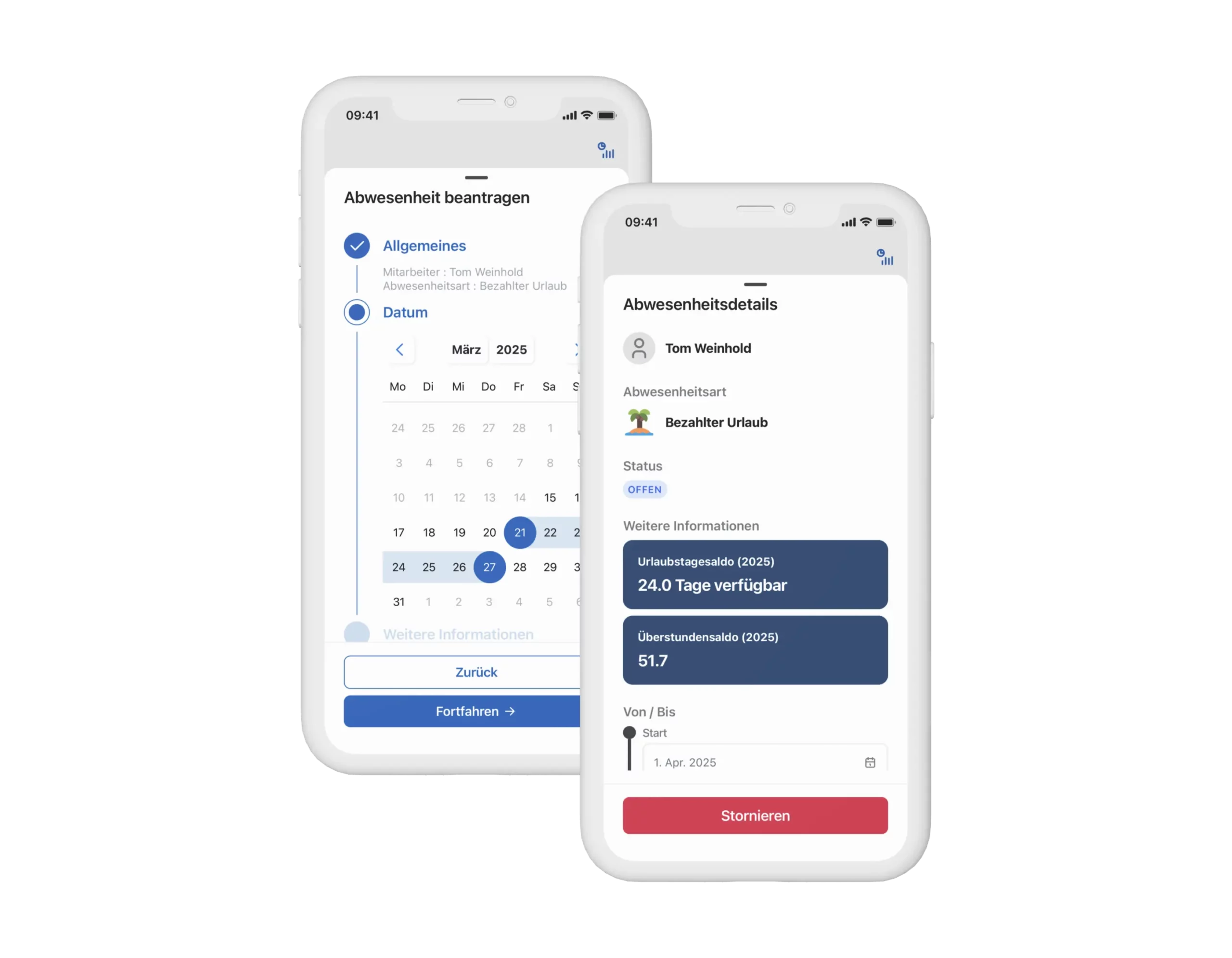 Alt-Text: Zwei mobile Screenshots einer App zur Beantragung von Abwesenheiten, die den Mitarbeiter Tom Weinhold und Details zu seinem bezahlten Urlaub im März 2025 anzeigen, einschließlich Urlaubstagessaldo und Überstunden.
