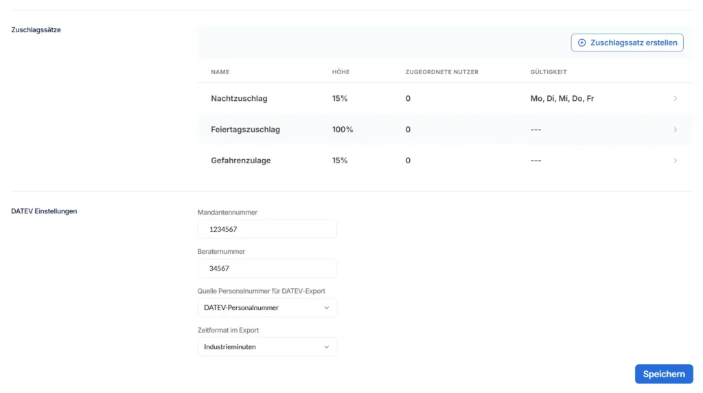 Einstellung von Zuschlagsätzen im DATEV-System, einschließlich Nachtzuschlag, Feiertagszuschlag und Gefahrenzulage, sowie DATEV-spezifische Mandanten- und Beraternummern.