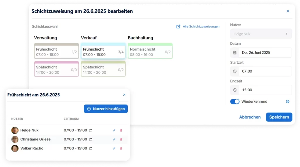 Schichtzuweisung am 26. Juni 2025, Darstellung der Frühschicht und Spätschicht für Verwaltung und Verkauf, nutzerdefinierte Zuordnung von Mitarbeitern, einschließlich Zeitrahmen und Wiederholungsoption.