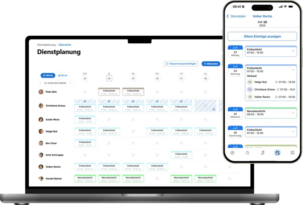 Screenshot einer Dienstplanungssoftware mit wöchentlicher Übersicht für Mitarbeiter, die Schichten vom 23. bis 28. Juni 2025 anzeigt, inklusive Früh- und Normalschichten für verschiedene Mitarbeiter.