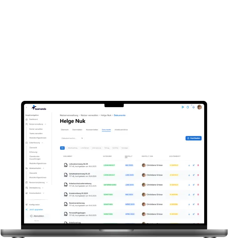 Screenshot der Benutzeroberfläche von Teamanda, der Plattform zur Nutzerverwaltung. Zu sehen ist die Dokumentenübersicht für den Nutzer Helge Nuk, einschließlich der Dokumentenliste, Kategorien, Erstellungsdaten und der Person, die die Dokumente erstellt hat.