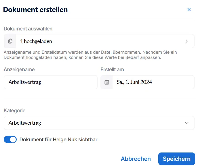 Screenshot der Benutzeroberfläche zum Erstellen eines Arbeitsvertrags, einschließlich Optionen zum Hochladen von Dokumenten, Anzeige- und Erstellungsdaten sowie der Sichtbarkeitseinstellung für Helge Nuk.