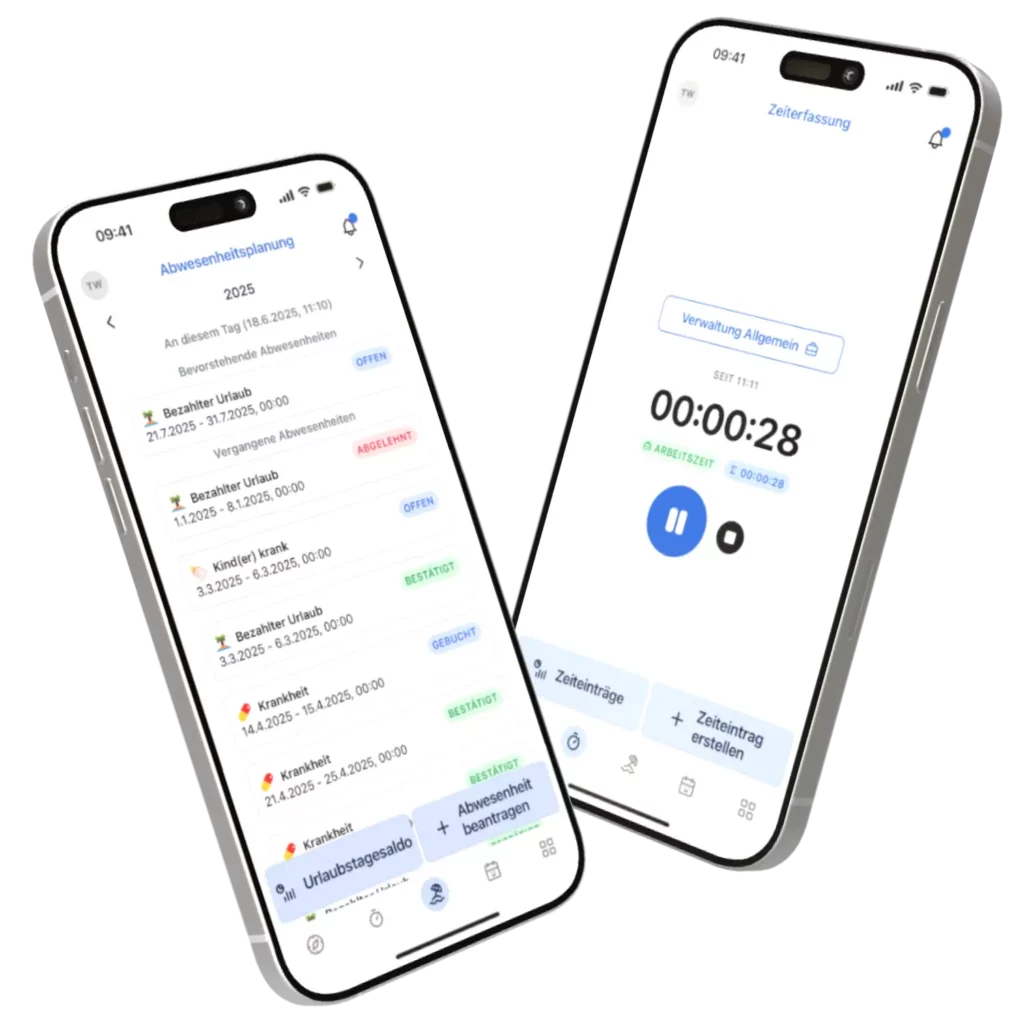 Zwei Smartphones zeigen eine Benutzeroberfläche für Abwesenheitsplanung und Zeiterfassung. Die App enthält Detailansichten zu geplanten und bestätigten Abwesenheiten sowie einen Timer für Arbeitszeiten. Ideal für die Verwaltung von Urlaubsanträgen und Zeitmanagement im Jahr 2025.
