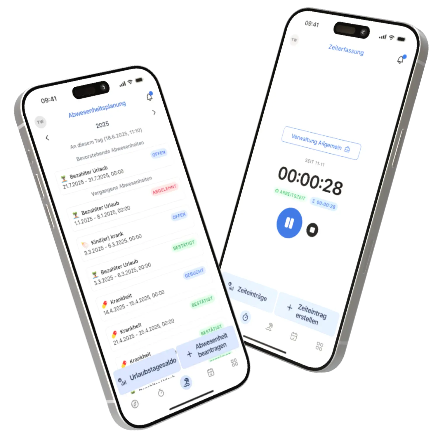 Zwei Smartphones zeigen eine Benutzeroberfläche für Abwesenheitsplanung und Zeiterfassung. Die App enthält Detailansichten zu geplanten und bestätigten Abwesenheiten sowie einen Timer für Arbeitszeiten. Ideal für die Verwaltung von Urlaubsanträgen und Zeitmanagement im Jahr 2025.