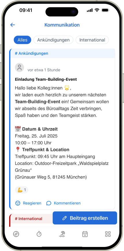 Einladung zu einem Team-Building-Event auf einem Smartphone-Bildschirm, einschließlich Details zu Datum, Uhrzeit und Standort des Events im Outdoor-Freizeitpark München.