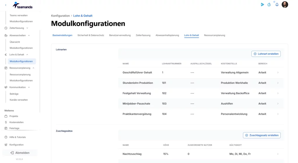 Screenshot der Modulkonfigurationen für Lohn und Gehalt in der Teamanda-Anwendung, zeigt verschiedene Lohnarten und Zuschläge wie Geschäftsführer Gehalt, Stundenlohn Produktion, Praktikantenvergütung und Nachtzuschlag.