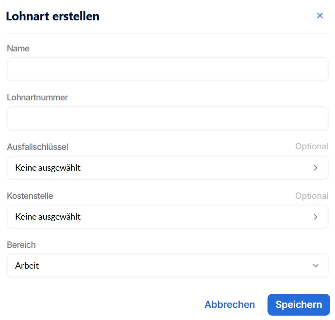 Screenshot eines Formulars zur Erstellung einer Lohnart mit Eingabefeldern für Name, Lohnartnummer, Ausfallschlüssel, Kostenstelle und Bereich. Der Bereich ist auf "Arbeit" eingestellt, mit Schaltflächen zum Speichern oder Abbrechen.