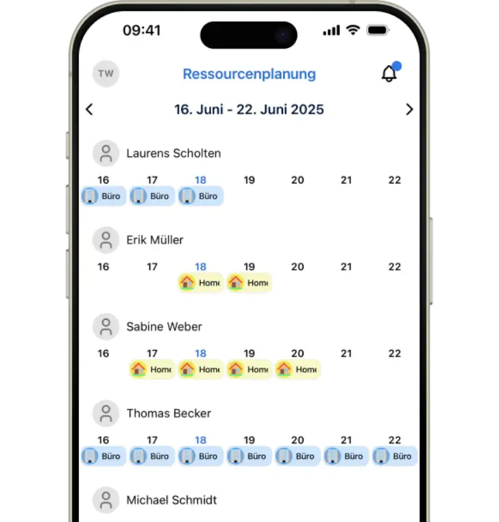 Screenshot einer Ressourcennutzungsplanungs-App, die die Verfügbarkeit von Mitarbeitern wie Laurens Scholten, Erik Müller und Sabine Weber vom 16. Juni bis 22. Juni 2025 anzeigt, mit Büro- und Home-Icons zur Kennzeichnung des Arbeitsorts.