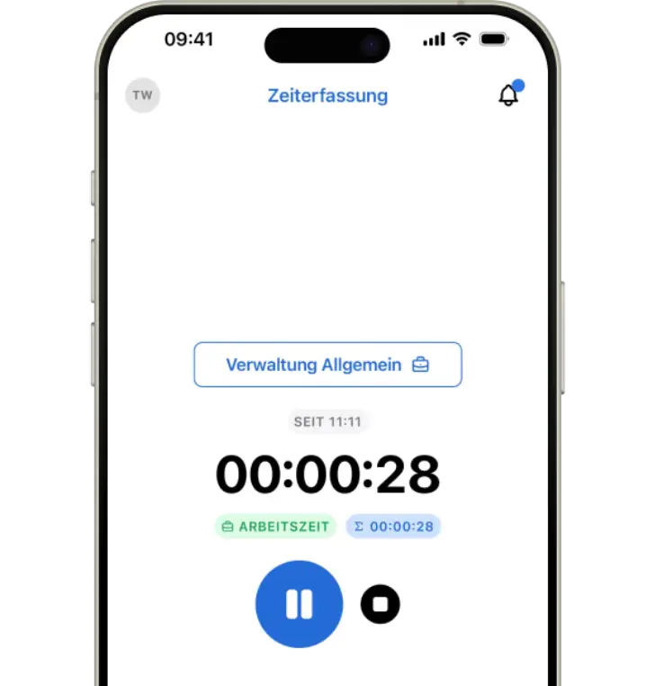 Screenshot einer Zeitmanagement-App auf einem Smartphone, die aktuelle Arbeitszeit von 28 Sekunden anzeigt, mit einer Benutzeroberfläche für die Zeiterfassung und Verwaltung.