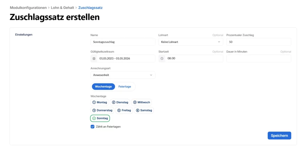 Eingabemaske zur Erstellung eines Zuschlagsatzes im Lohn- und Gehaltsmodul, mit Feldern für Name, Gültigkeitszeitraum, Art der Anrechnung, Wochentagen und optionalen Angaben wie prozentualem Zuschlag und Dauer.