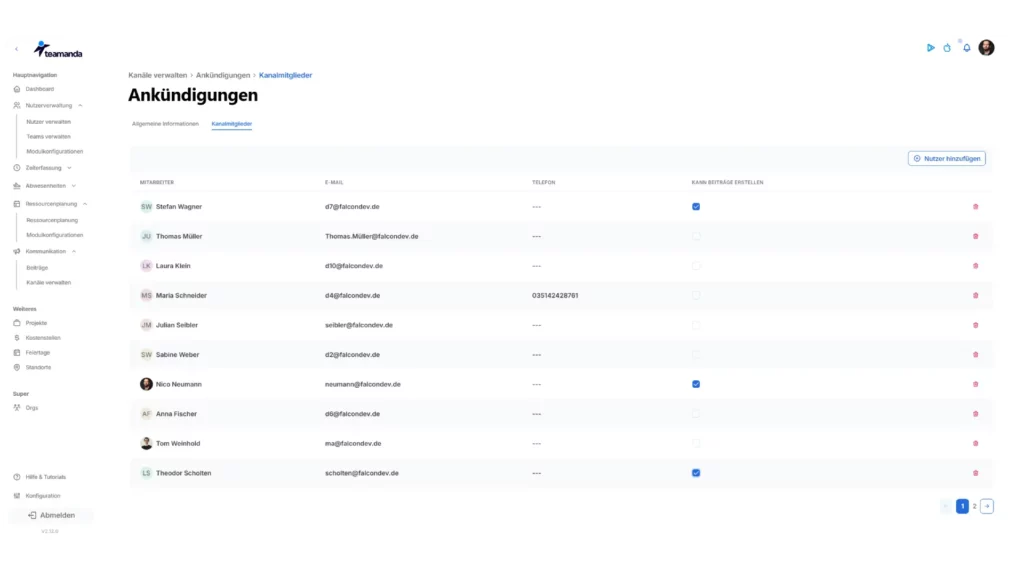 Übersicht der Mitgliederankündigungen in der Teamanda-Anwendung, einschließlich Namen, E-Mail-Adressen und Kontaktinformationen der Teammitglieder.