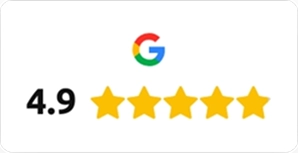Google-Bewertung von 4,9 Sternen, symbolisiert durch das Google-Logo und fünf gelbe Sterne.