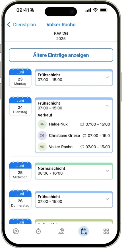 Dienstplan für Volker Racho, KW 26 im Jahr 2025, mit Arbeitszeiten für Montag bis Donnerstag, einschließlich Frühschichten und Verkauf.