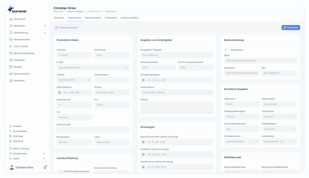 Liste der Stammdaten des Mitarbeitenden
