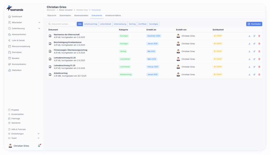 Übersicht der hochgeladenen Dokumente des Mitarbeitenden