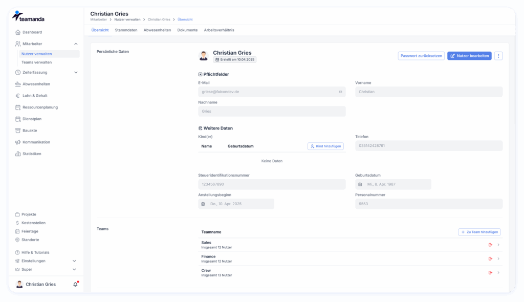 Gesamtübersicht eines Mitarbeitenden