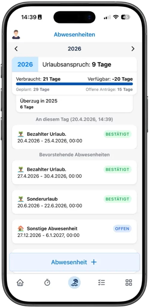 Screenshot einer mobilen App zur Verwaltung von Abwesenheiten, zeigt den Urlaubsanspruch für 2026 mit Details zu verbrauchten, verfügbaren und geplanten Urlaubstagen sowie bevorstehenden Abwesenheiten.