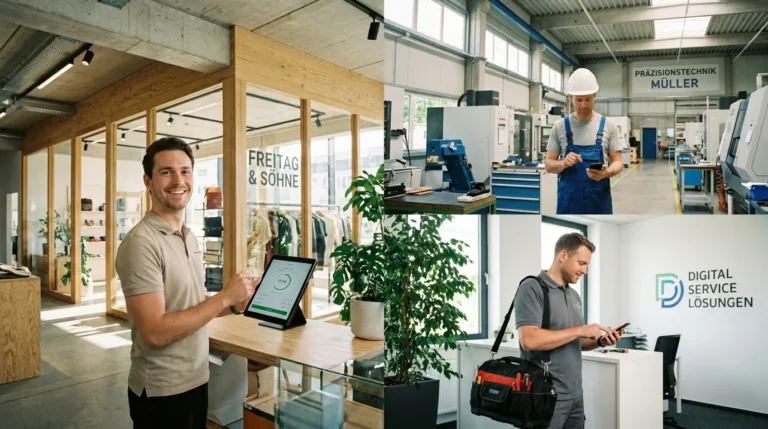 Moderne Arbeitsumgebung mit technischem Fokus, die verschiedene Tätigkeiten zeigt: Ein lächelnder Mitarbeiter an einem Empfangstresen mit Tablet, ein Facharbeiter in einem Präzisionswerkstatt sowie ein Techniker, der digitale Lösungen in einem Bürobereich nutzt.
