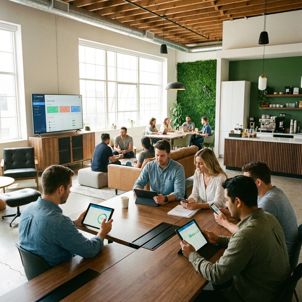 Moderne Büroumgebung mit Mitarbeitern, die an Tischen mit Tablets und Laptops arbeiten. Im Hintergrund ist ein großes Display mit Datenanalysen zu sehen. Eine Gruppe von Menschen diskutiert in einem gemütlichen Bereich. Grüne Pflanzen sorgen für eine angenehme Atmosphäre.
