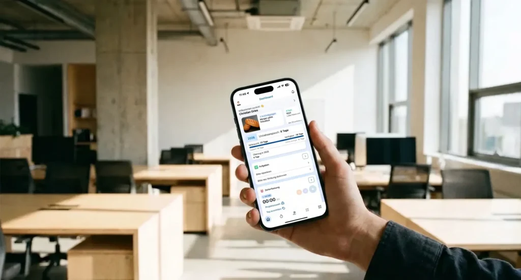 Mann hält ein Smartphone in einem modernen Büro, auf dem eine App mit verschiedenen Funktionen wie Projektverwaltung, Aufgabenverteilung und Zeiterfassung angezeigt wird. Hintergrund mit Büroeinrichtungen und Computern sichtbar.