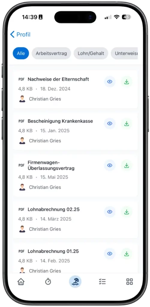 Screenshot einer Profilübersicht in einer digitalen App, zeigt verschiedene PDF-Dokumente wie Nachweise der Elterngeldansprüche, Bescheinigungen von Krankenkassen und Lohnabrechnungen. Dokumente sind aufgelistet mit Dateigröße, Datum und Benutzer Christian Gries.