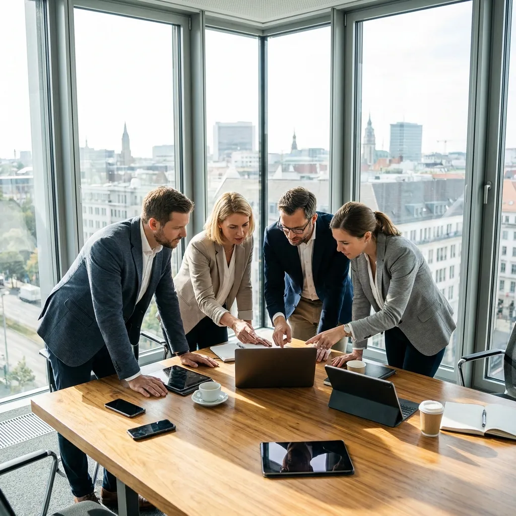 Vier Geschäftsleute in einem modernen Besprechungsraum arbeiten gemeinsam an einem Laptop, während sie durch große Fenster auf eine städtische Landschaft blicken. Auf dem Tisch stehen Smartphones, Tablets und Tassen Kaffee.