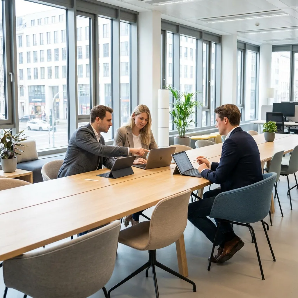 Drei Fachleute arbeiten in einem modernen Besprechungsraum an einem langen Holztisch, während sie an Laptops und Tablets sitzen. Ein Fenster mit Blick auf die Stadt sorgt für viel Tageslicht. Pflanzen sorgen für eine angenehme Atmosphäre.