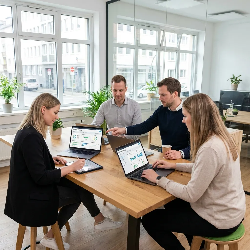 Teammeeting in modernen Büroräumen mit vier Personen, die an einem Tisch sitzen und Laptops sowie Tablets zur Analyse von Daten verwenden. Graphen und Statistiken sind auf den Bildschirmen sichtbar, während eine Person Notizen macht. Helle Wände und Pflanzen schaffen eine einladende Atmosphäre.