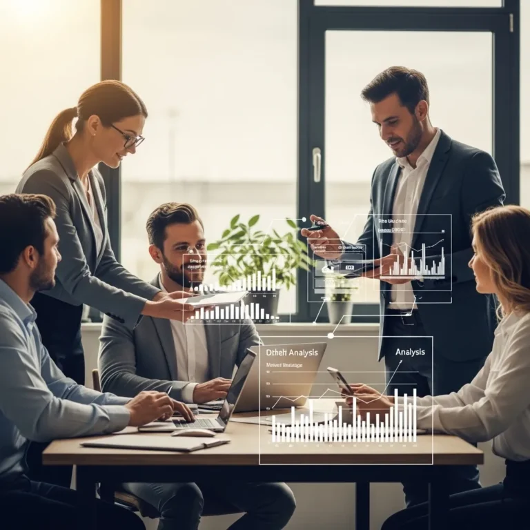 Teammeeting zur Analyse von Geschäftsdaten mit Diagrammen und Laptops in modernem Büroambiente.