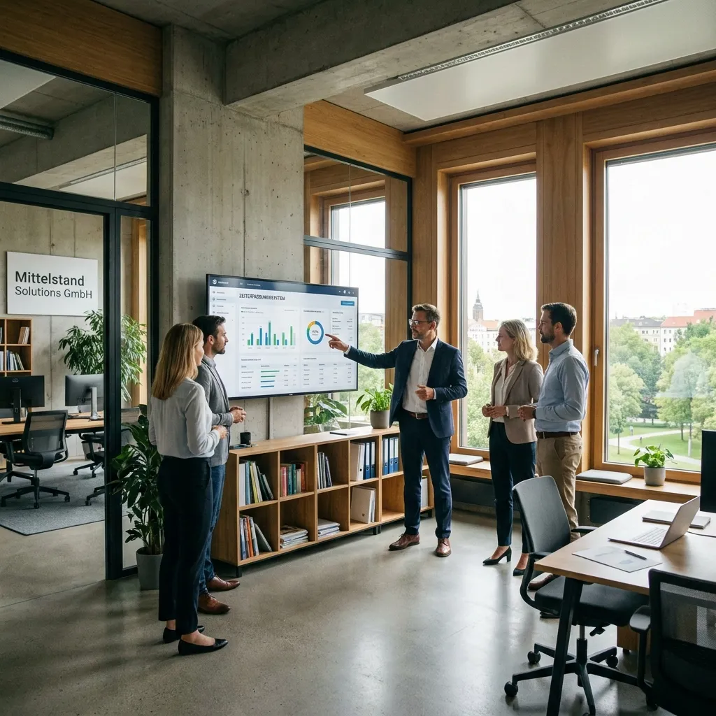 Teammeeting in einem modernen Büro von Mittelstand Solutions GmbH, bei dem ein Präsentator auf ein Bildschirm-Diagramm zeigt. Vier Fachleute diskutieren Geschäftsdaten und Strategien vor großen Fenstern mit Blick auf die Stadt.