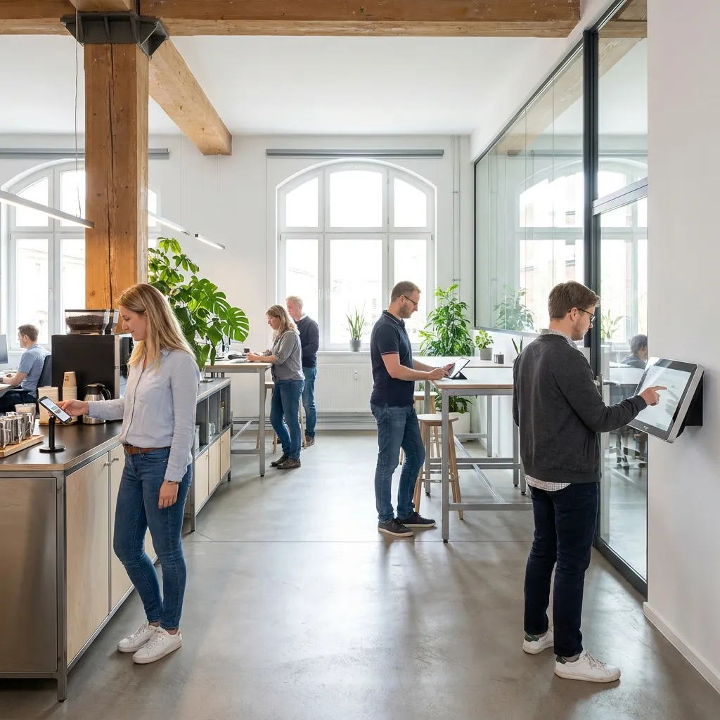 Moderne Büroumgebung mit Mitarbeitern, die an Tablets arbeiten. Eine Frau steht an einem Tisch und nutzt ein mobiles Gerät, während andere Kollegen an Stehtischen oder an der Theke beschäftigt sind. Pflanzen und große Fenster sorgen für eine helle, einladende Atmosphäre.