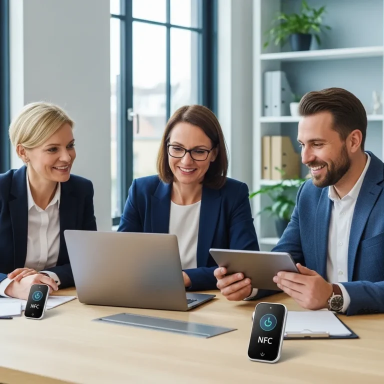 Drei Geschäftspersonen in einem modernen Büro arbeiten konzentriert an Laptop und Tablet. NFC-Geräte sichtbar.