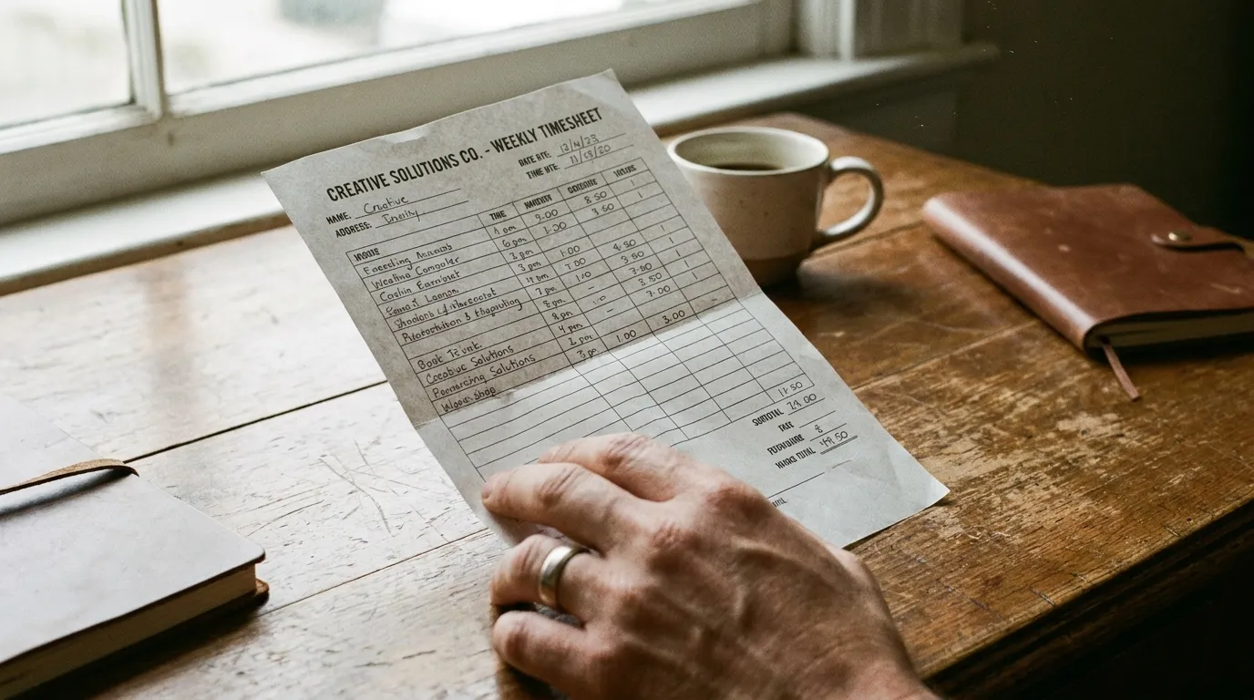A close-up, photorealistic image of a hand holding a paper timesheet, set against a wooden desk with natural light streaming in from a nearby window, highlighting the textures of the paper and wood, e