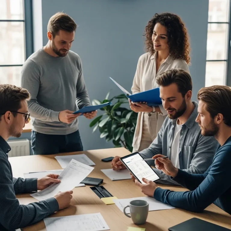 Teammeeting: Fünf Personen diskutieren an einem Tisch, nutzen Unterlagen und digitale Geräte für die Zusammenarbeit.