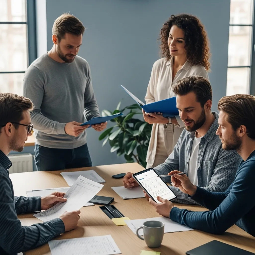 Teammeeting: Fünf Personen diskutieren an einem Tisch, nutzen Unterlagen und digitale Geräte für die Zusammenarbeit.