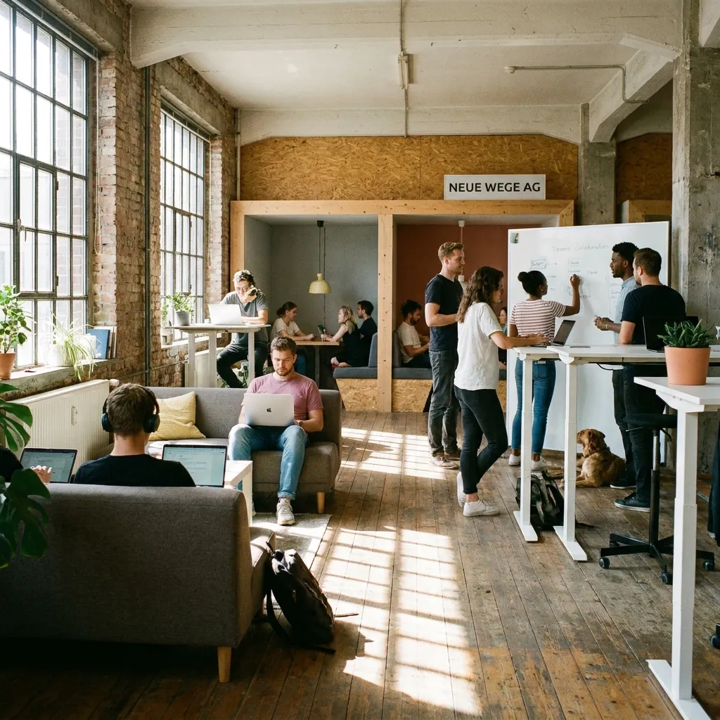 Modernes Büro mit kreativen Arbeitsbereichen, in dem Mitarbeiter an Laptops arbeiten und in Gruppen diskutieren. Helle Fenster sorgen für natürliche Beleuchtung, während Pflanzen eine angenehme Atmosphäre schaffen.
