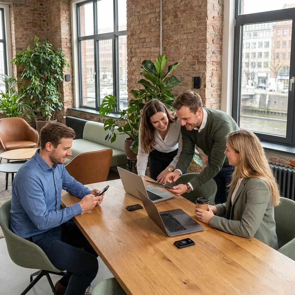 Mitarbeitende in einem kleinen Unternehmen nutzen eine digitale Zeiterfassungs-App im Arbeitsalltag