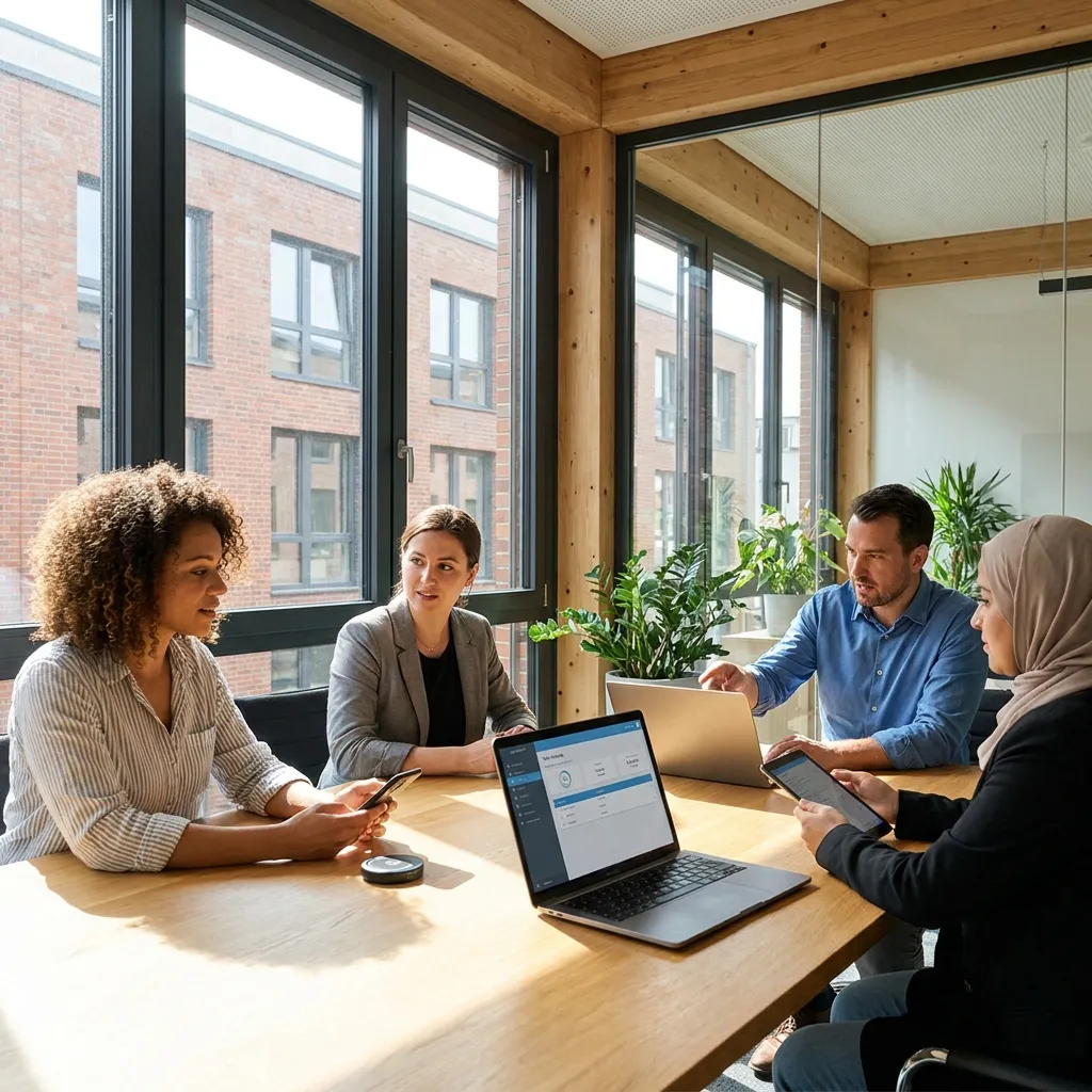 Besprechung in modernem Büro: Vier Personen diskutieren an einem Tisch, umgeben von Pflanzen und Laptop.