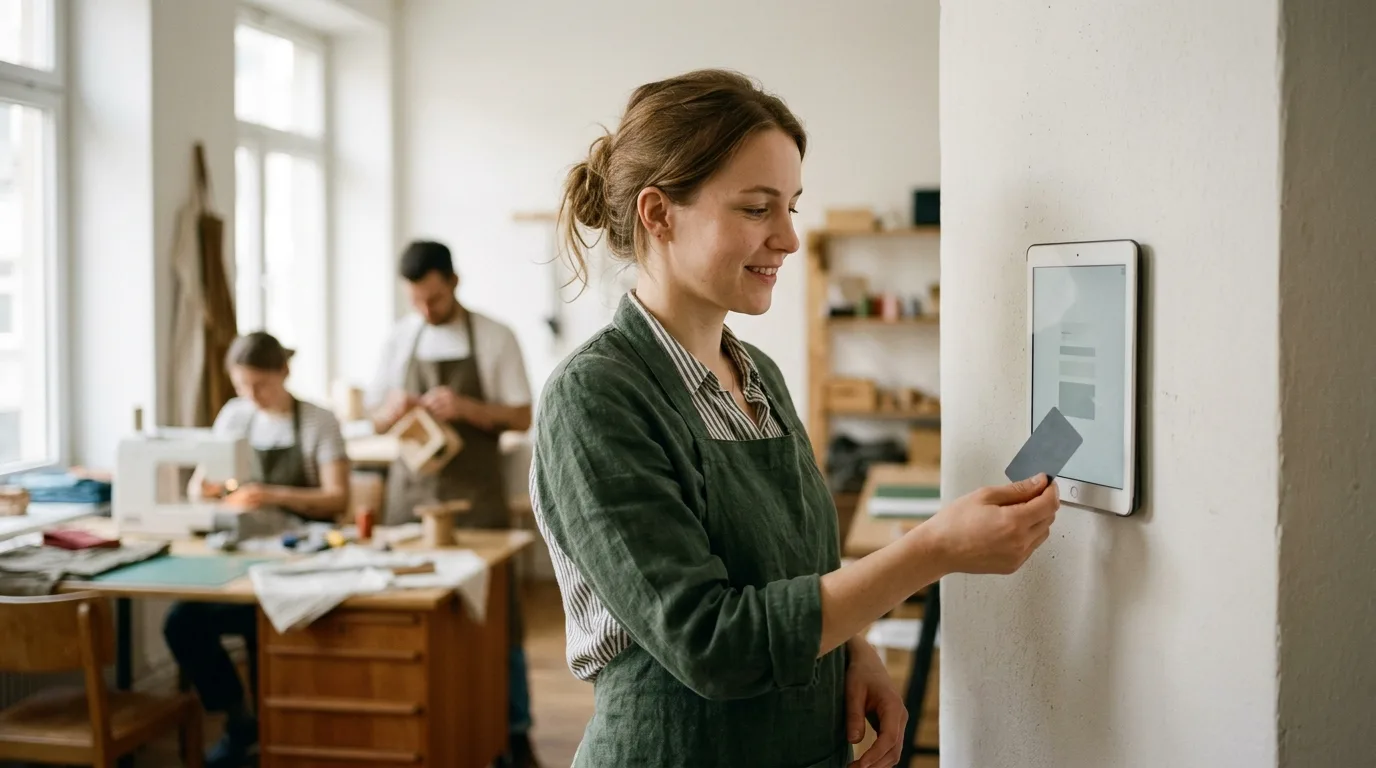 Mitarbeiterin erfasst ihre Arbeitszeit per NFC-Karte am Wand-Terminal in einer KMU-Werkstatt