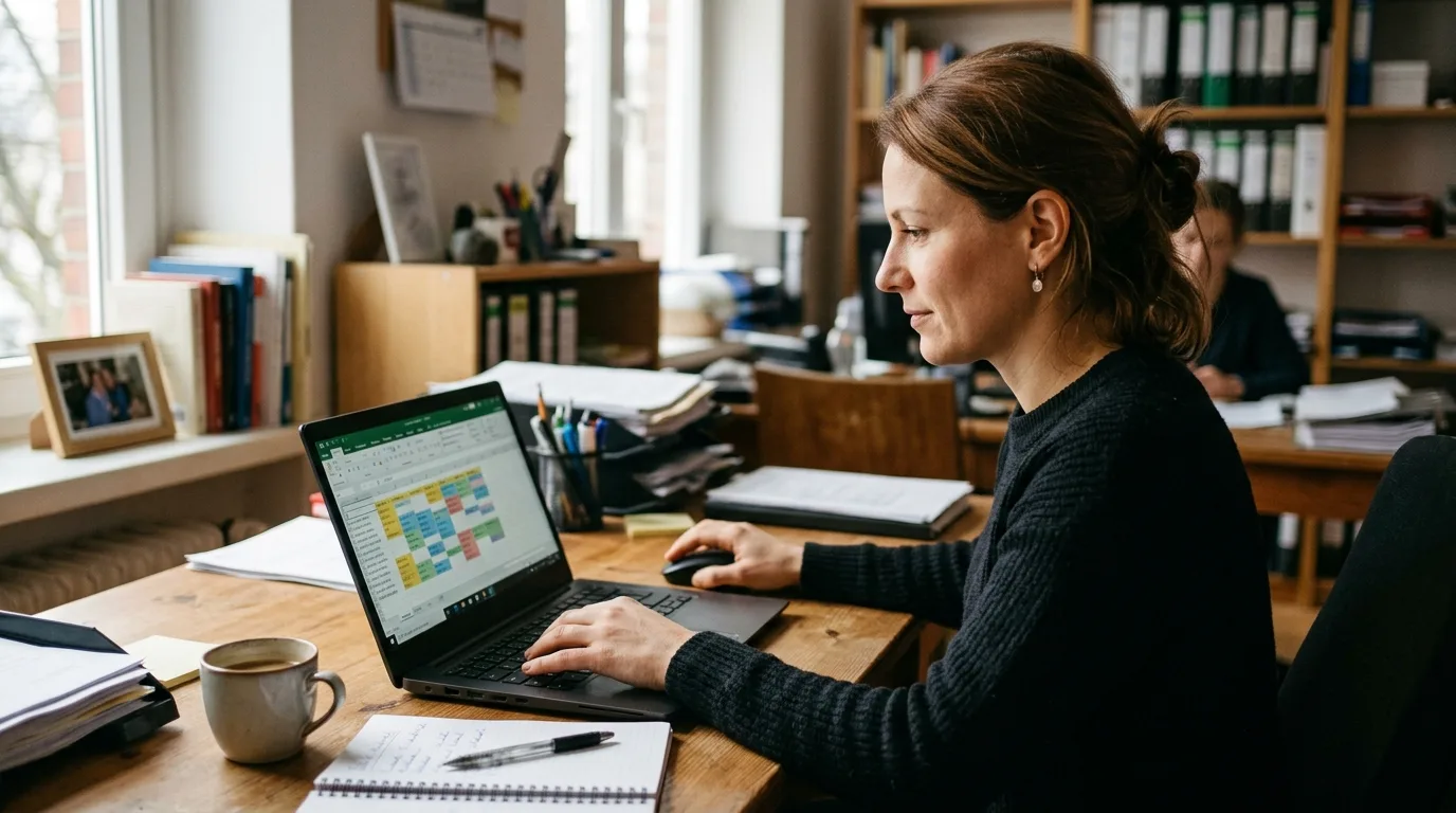 KMU-Inhaberin plant Minijob-Schichten und prüft die Lohnabrechnung digital am Laptop