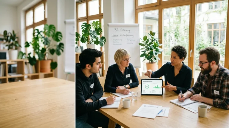Betriebsratssitzung zum Mitbestimmungsrecht bei der Zeiterfassung 2026 – Team bespricht ein Zeiterfassungs-Dashboard am Tablet